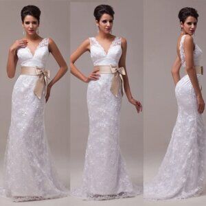 Nwot Lace Wedding Dress Blue Sash Size Medium-Large